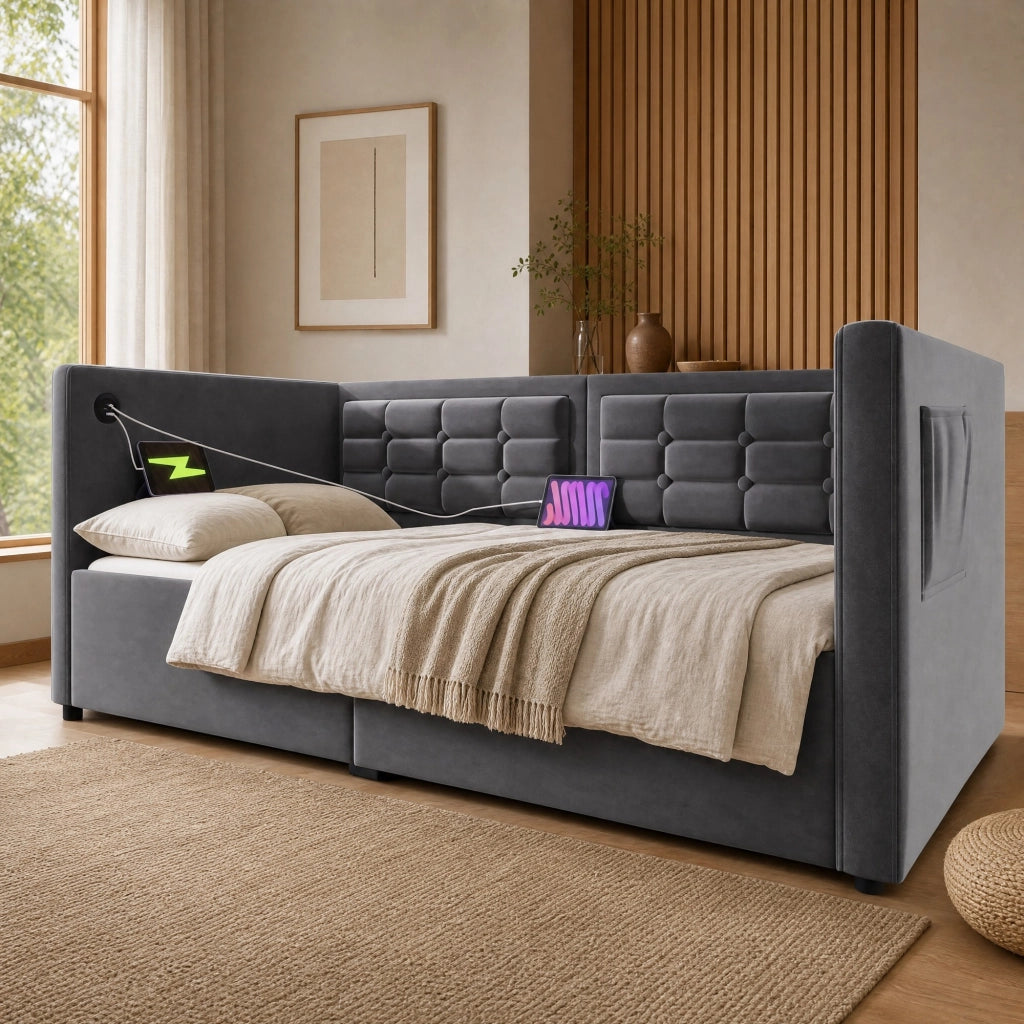 Letto divano imbottito 90x190 cm con vano contenitore idraulico, porta USB e Type-C, velluto grigio, senza materasso