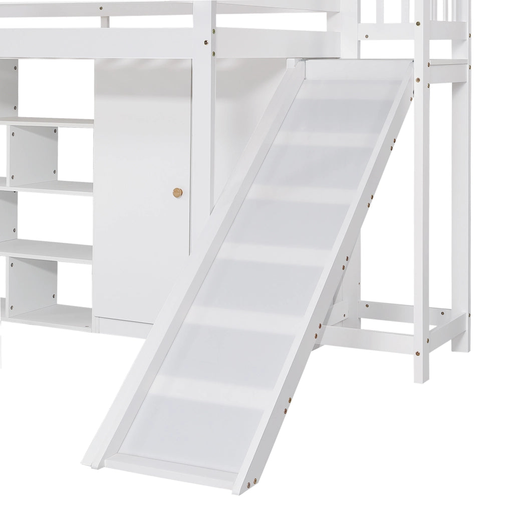 OKWISH Letto a Castello 90×200 cm, Letto Singolo con Armadio, Mensole, Scala a 4 Gradini e Scivolo, con Contenitore, senza Materasso