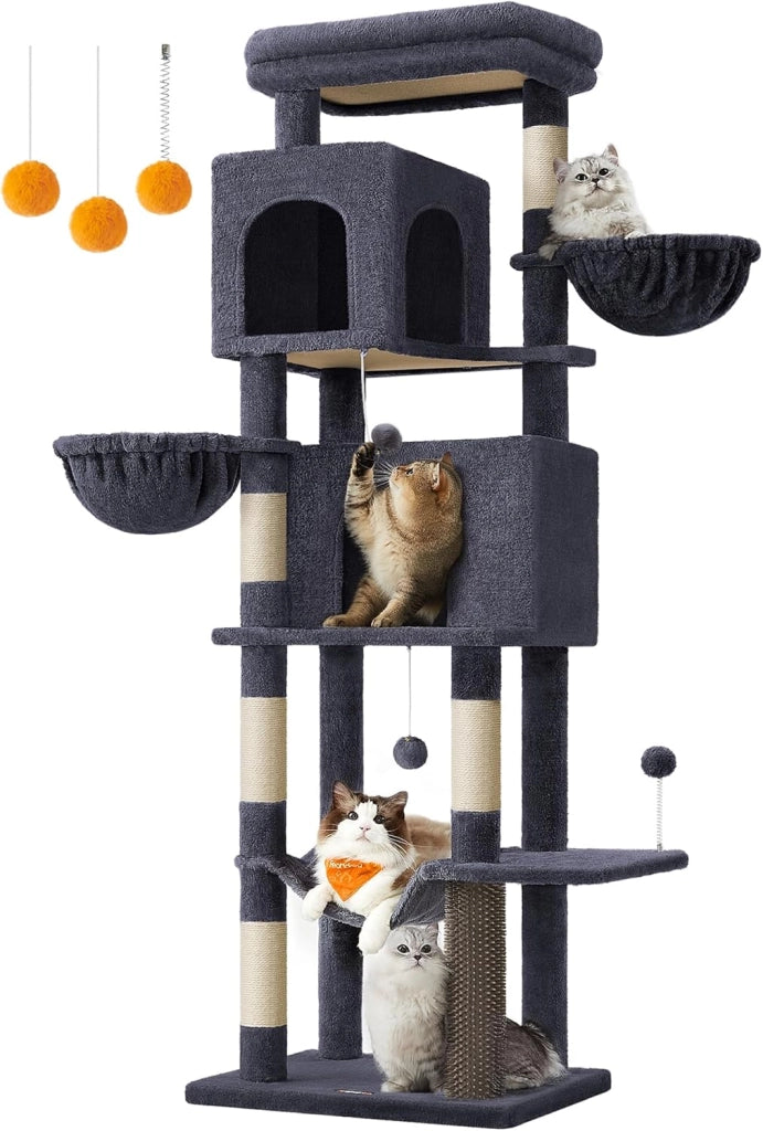 Feandrea Albero per Gatti Grande, Torre Tiragraffi Alto 175 cm, Multilivelli con 2 Grotte, 2 Cestini, 5 Graffiatoi, Autospazzola, Trespolo, Amaca, Beige Sabbia PCT182Y01