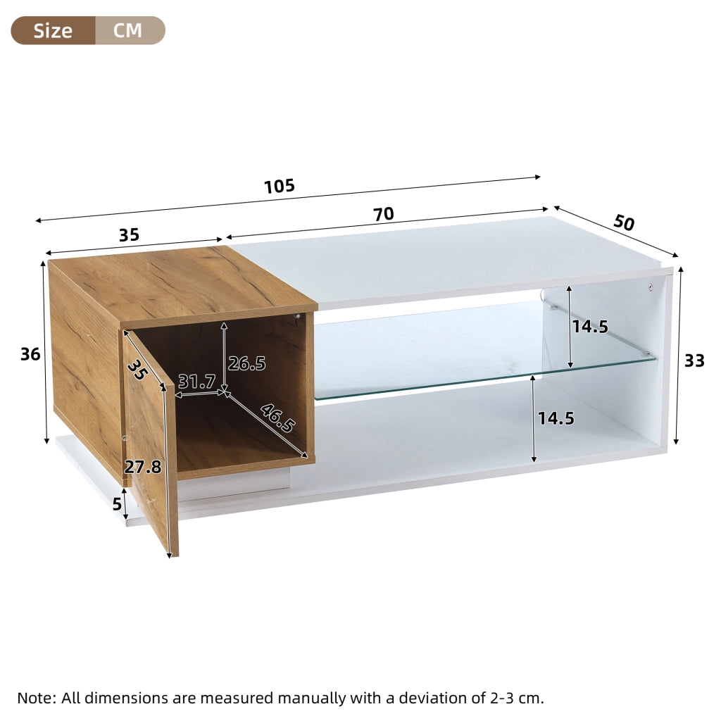 Tavolino basso con LED e vano contenitore, moderno, in truciolare, per soggiorno, bianco rovere, 105 × 50 × 36 cm