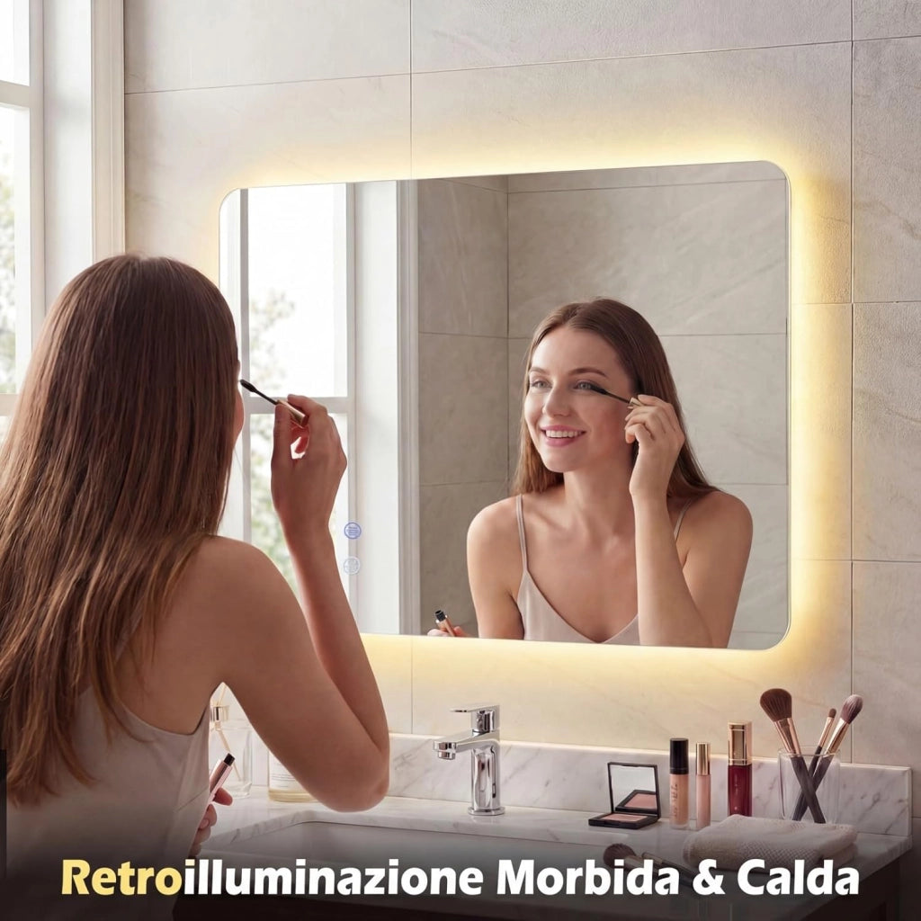 Specchio da Bagno Rettangolare con LED, Specchio da Parete con Luminosità Regolabile, Retroilluminato, Touch Intelligente, Vetro Temperato con Memoria e Anti-Appannamento (70 x 50 x 2,8 cm)