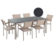 Set da pranzo da giardino beige con piano in granito Nero 6 posti 180 x 90 cm
