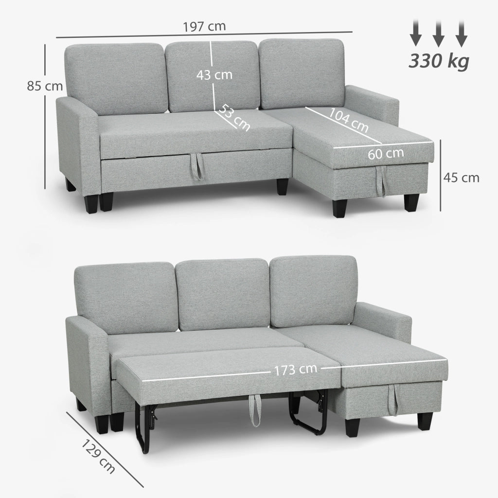 Divano letto angolare reversibile 3 posti con contenitore ¨C zephmum ¨C 197x129x85 cm grigio chiaro