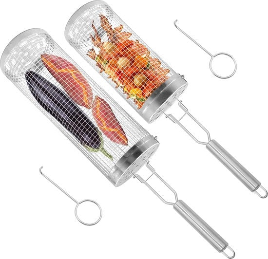 2 pezzi di griglia rotante con manico rimovibile, acciaio inox, accessori da griglia per esterno, verdure, griglia in acciaio inox con forchetta