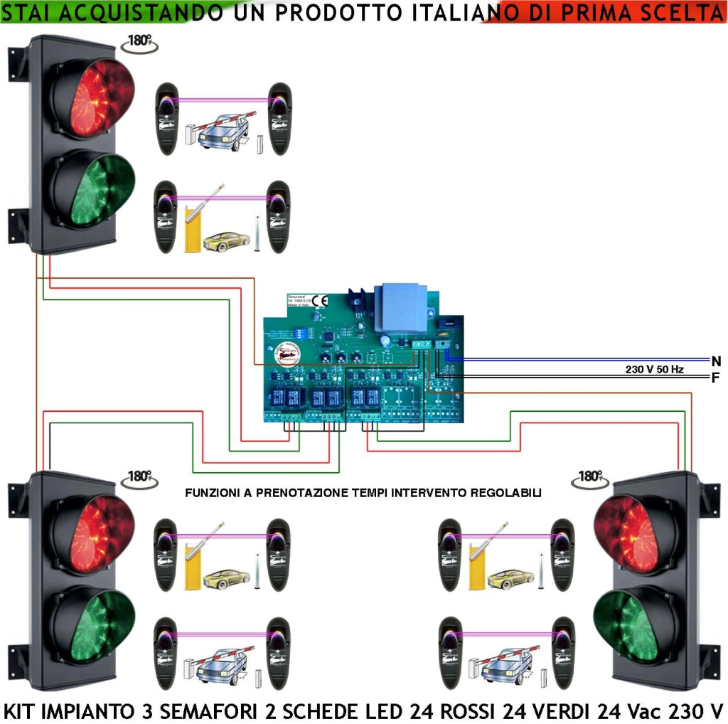 Kit Impianto Semaforico Parcheggio 3 Semafori 2 Luci 24 Led Rossi e 24 Verdi 24 Vac IP65 Tempi Regol. da 0,5 a 3 Minuti 6 Coppie di Fotocellule Controllano Ordine di Arrivo Uscita Ordinata dal Garage