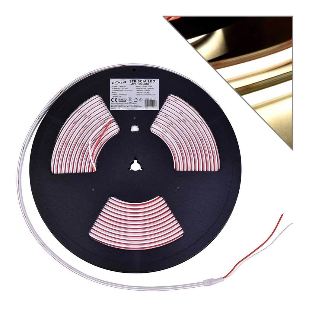 STRISCIA LED 2025 24V LUCE NATURALE 4000K° FLESSIBILE E TAGLIABILE IP68 - ILLUMINAZIONE IMPERMEABILE PER ESTERNI E INTERNI
