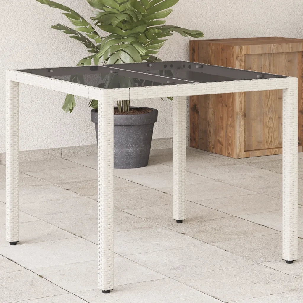 Tavolo Giardino | Tavolino da esterno con Piano Vetro Bianco 90x90x75 cm Polyrattan