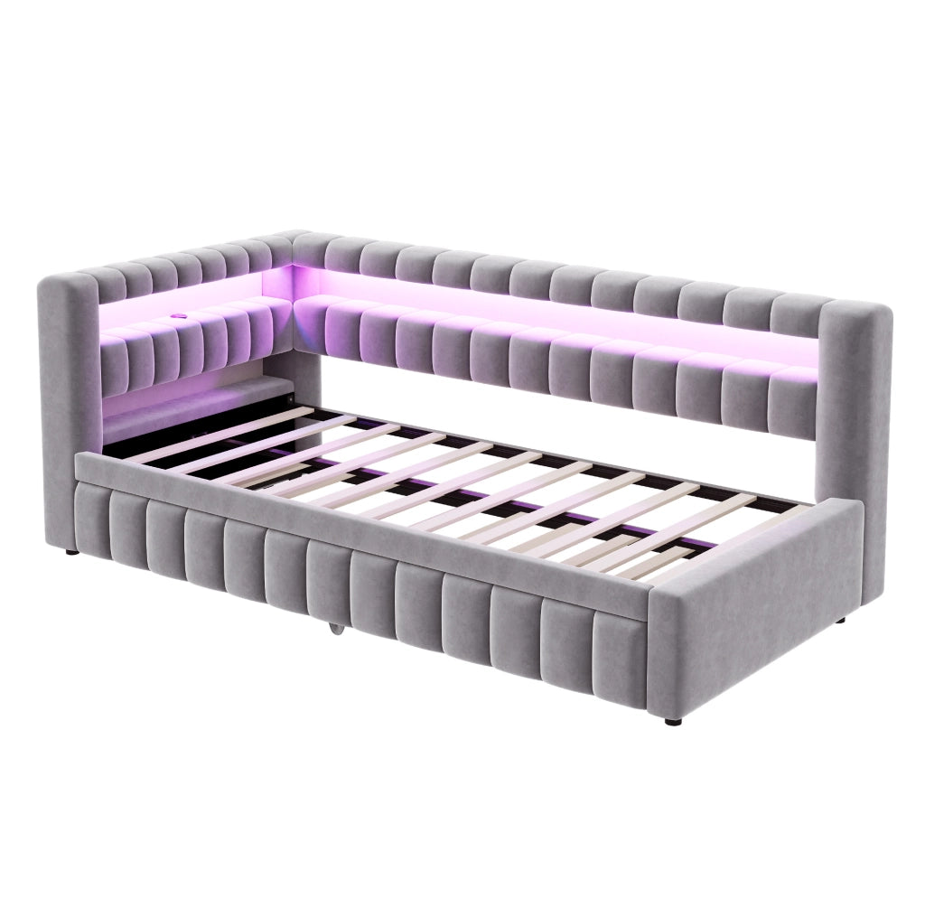 Divano letto estraibile 90x200 cm con LED, USB e vano portaoggetti