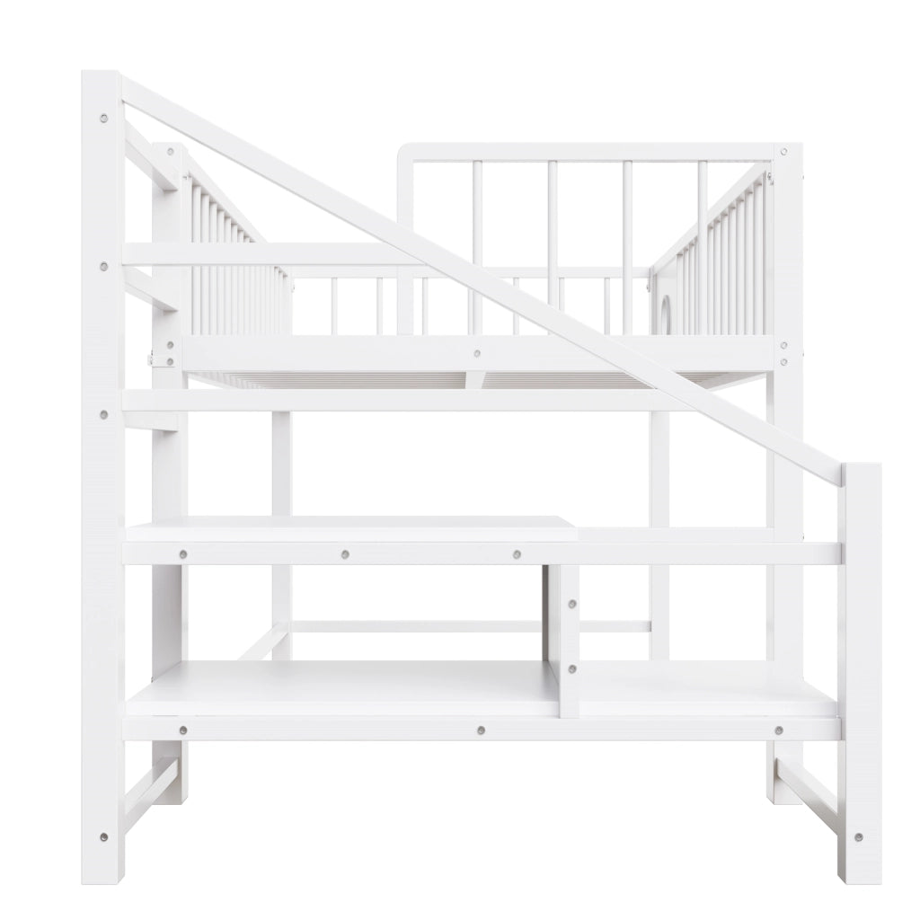 Letto a soppalco basso per bambini 90x200 cm in metallo, con scala contenitore, bianco
