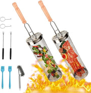 Grill a stantuffo in acciaio inossidabile rimovibile con maniglia in legno per campeggio - cilindrico rotondo - grill rotante - forchetta - verdure patatelle carne (30 cm)