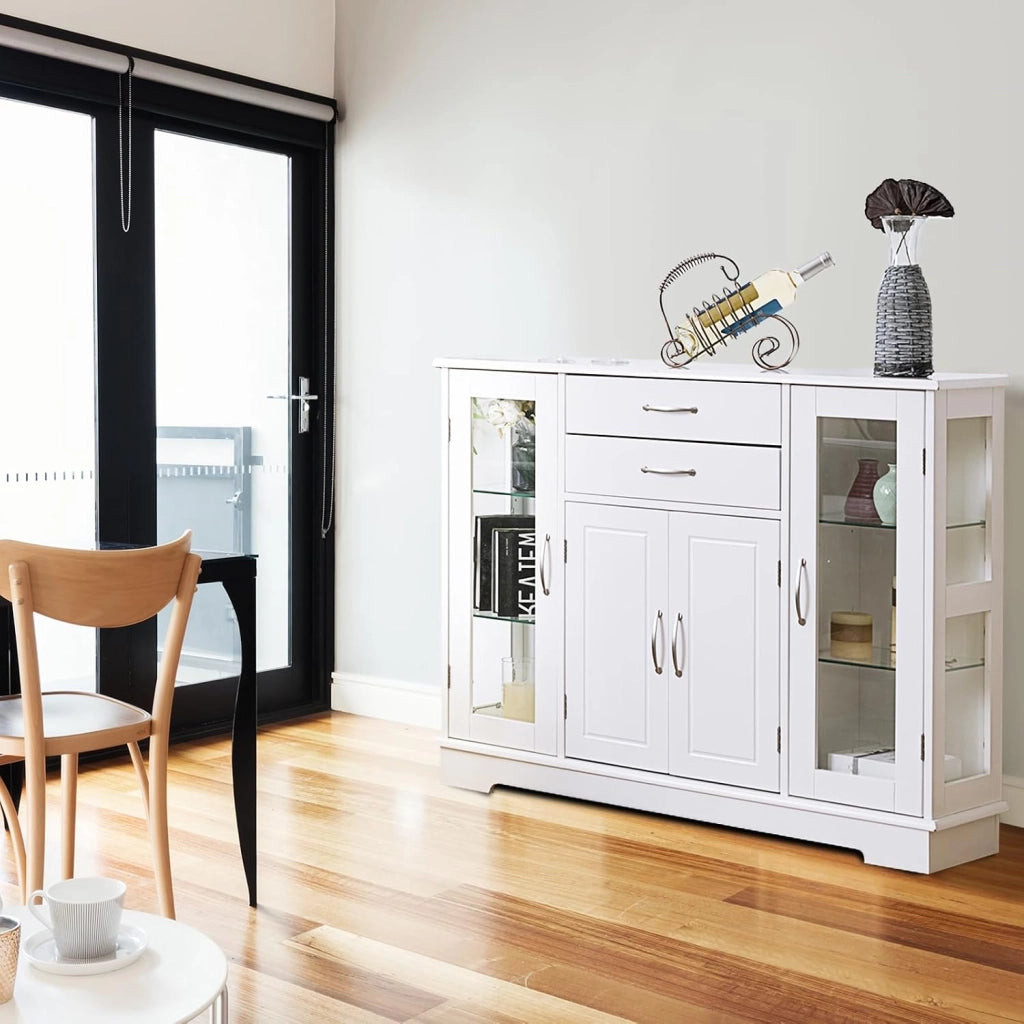 Credenza da cucina in legno, armadio a buffet multiuso con ante e ripiani in vetro temperato, mobile ausiliario per sala da pranzo, soggiorno, bagno, 107 x 30 x 81 cm