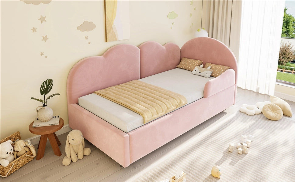 Letto imbottito L con letto estraibile e testiera a forma di nuvola in velluto rosa per camera da letto