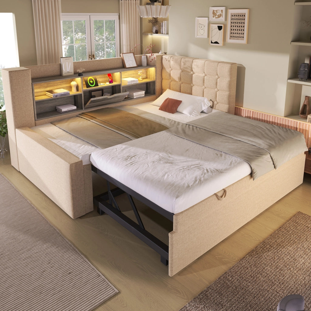 Letto imbottito 90x200 cm con letto estraibile; LED e porte USB; beige
