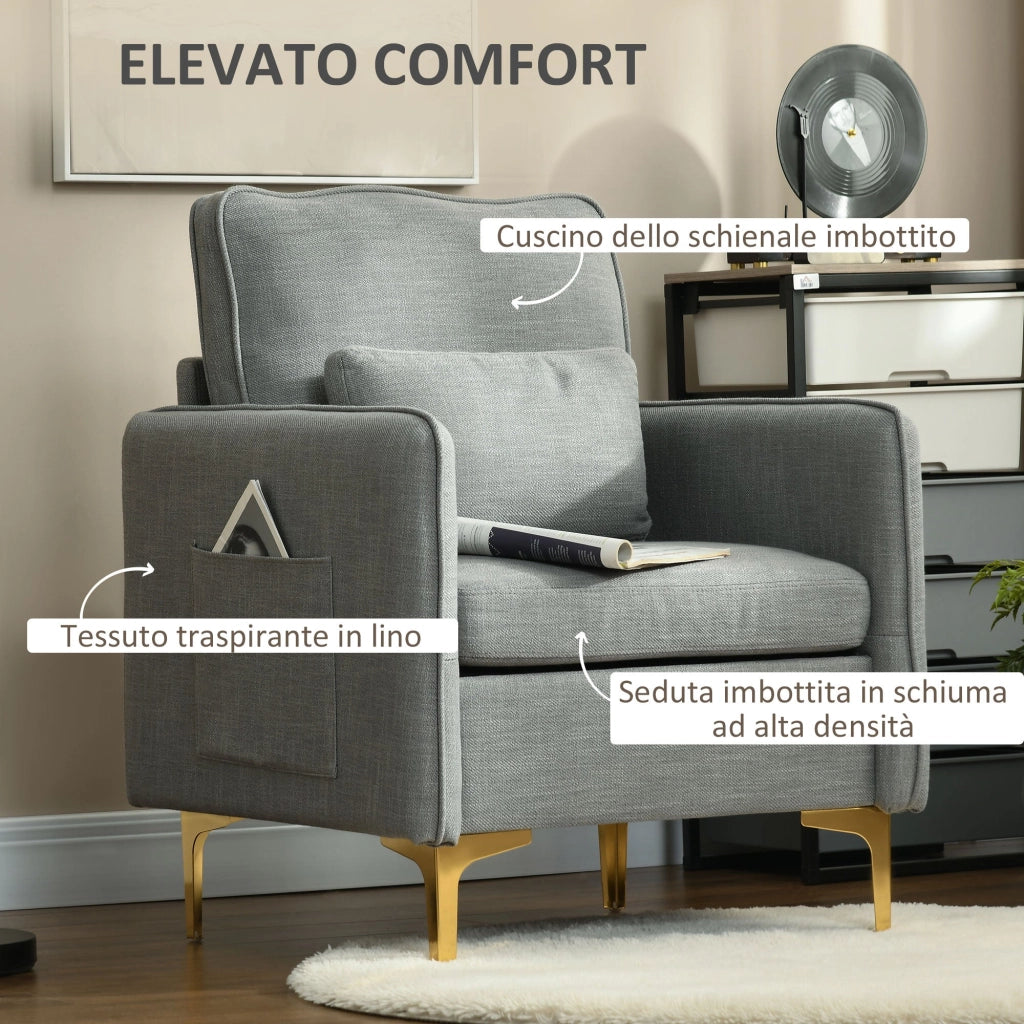 Poltroncina Moderna 72x72x90 cm in Tessuto Effetto Lino Grigio
