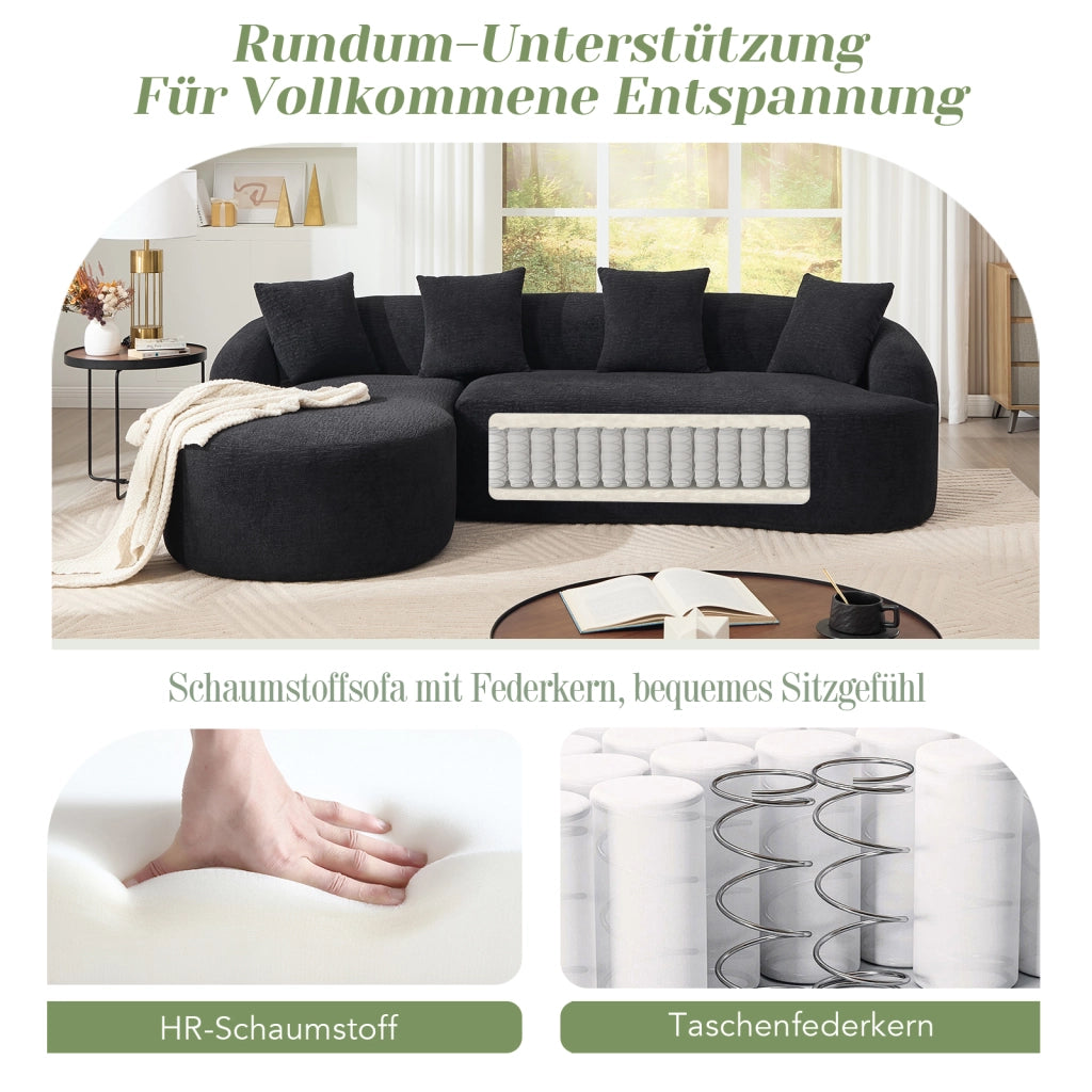 Divano modulare angolare 3 posti con chaise longue sinistra design curvo montaggio senza attrezzi in chenille nero