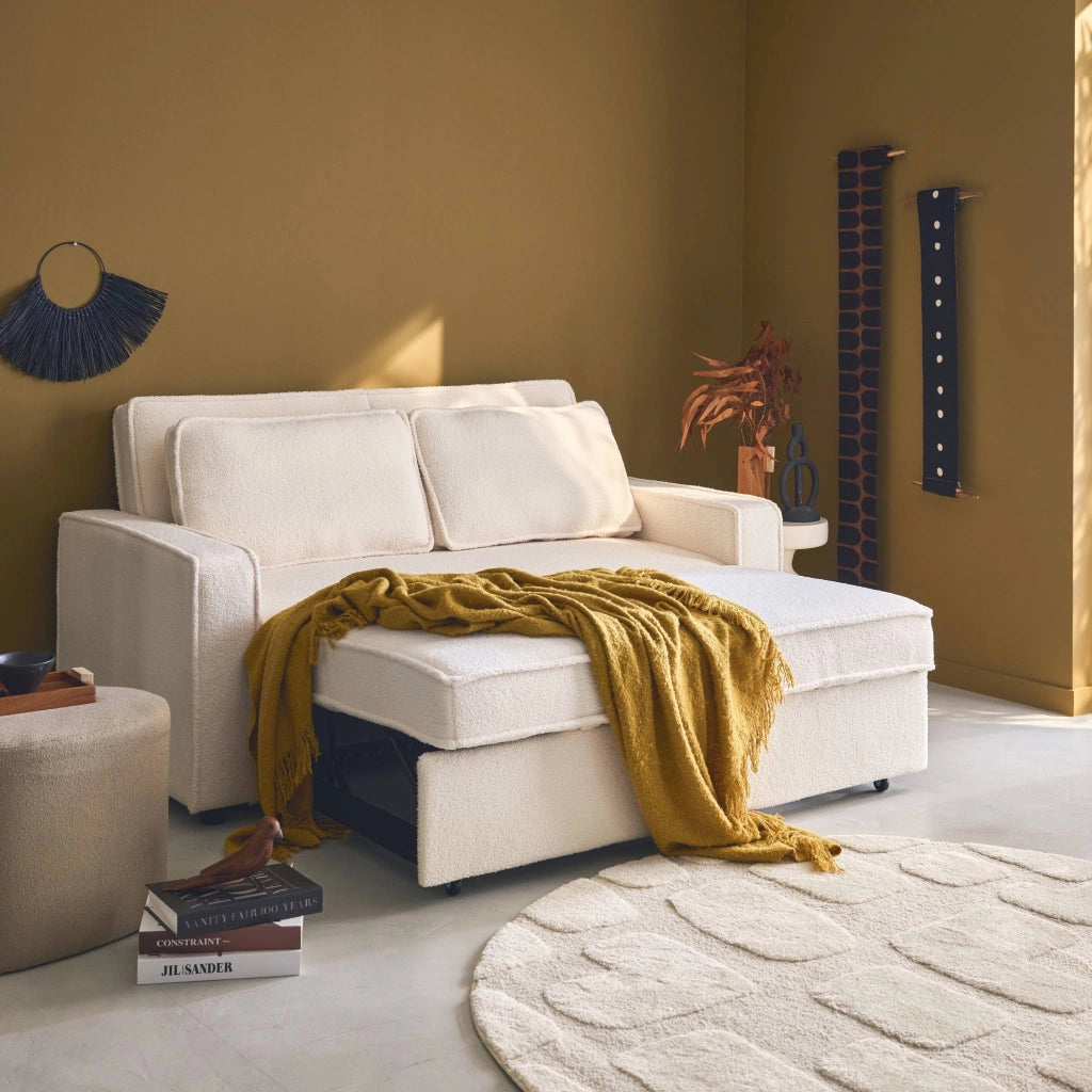 Divano letto bouclé, 3 posti, crema