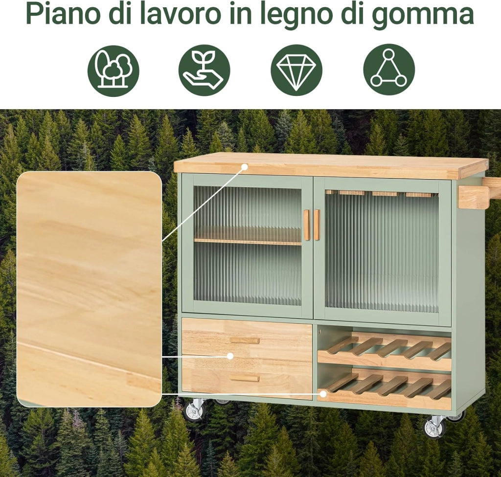 Carrello da Cucina con Ruote Isola Cucina con Piano di Lavoro in Legno Carrello Salvaspazio per Sala da Pranzo Verde e Naturale 109 × 40 × 92 cm FKW114-GR