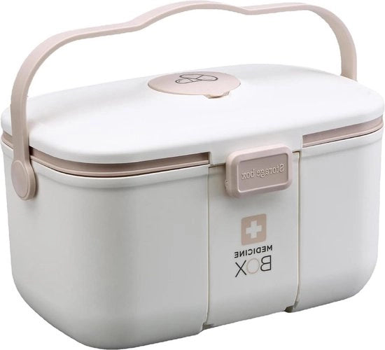 Scatola portatile per farmaci con 2 livelli, adatta per uso domestico e all'aperto - cassa di conservazione per farmaci, gadget e cosmetici (bianca)