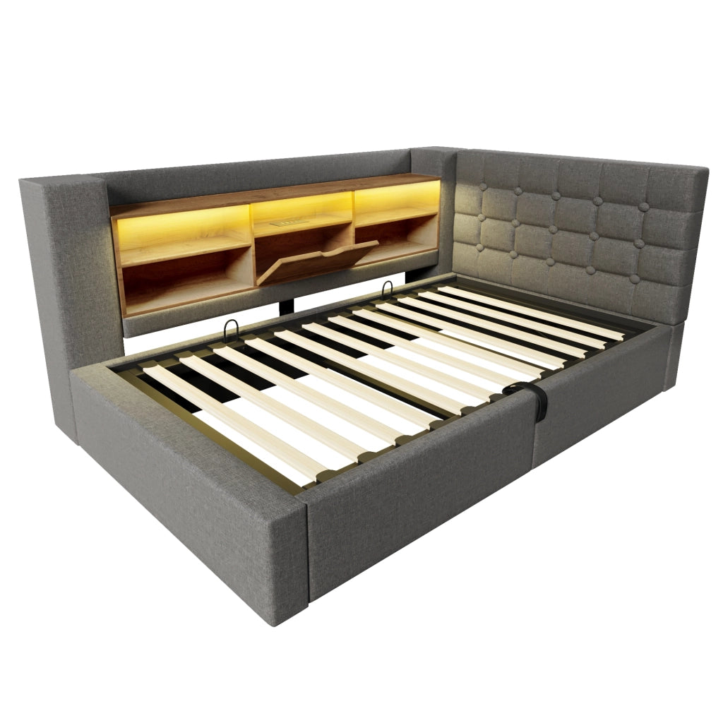 Letto singolo 90x200 cm con LED, contenitore e testiera L reversibile