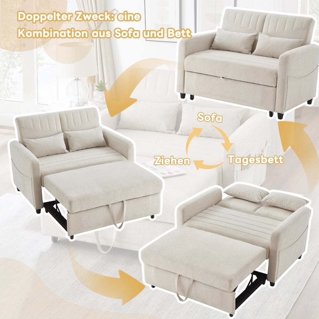 Divano letto 2 posti estraibile con schienale regolabile a 3 posizioni; cotone-lino beige