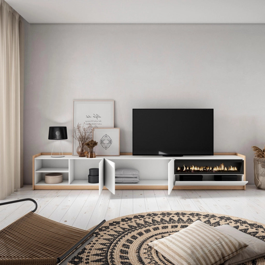 Mobile TV Soggiorno, 310x50x37 cm, Per TV fino a 80", Camino elettrico, Bianco e Rovere soft