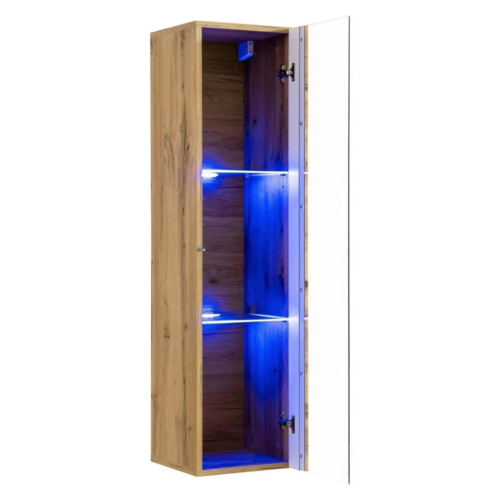 Vetrina sospesa color rovere piccolo modello con 1 porta a vetro e illuminazione LED inclusa. Collezione SWITCH.