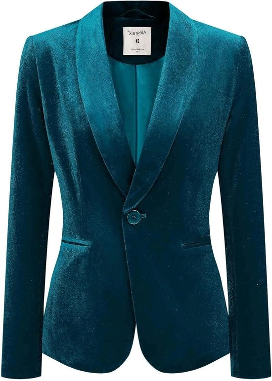 Blazer in velluto con colletto a sciarpa e chiusura a bottone per donne - Disegno liscio - Adatto come giacca da ufficio