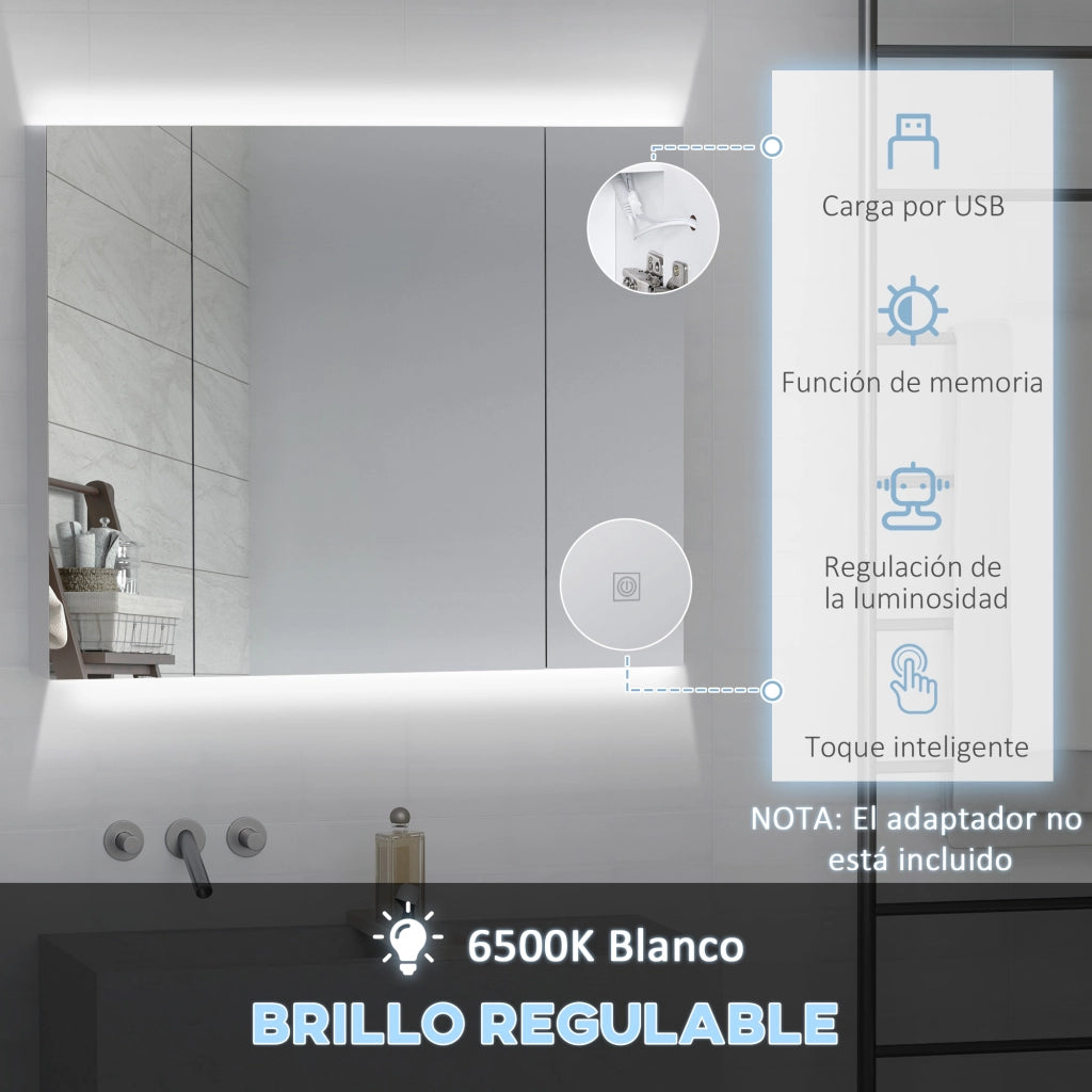 Armadietto Bagno con Specchio Luci LED e Ripiani Regolabili ¨C zephmum ¨C Bianco 90x15x75 cm