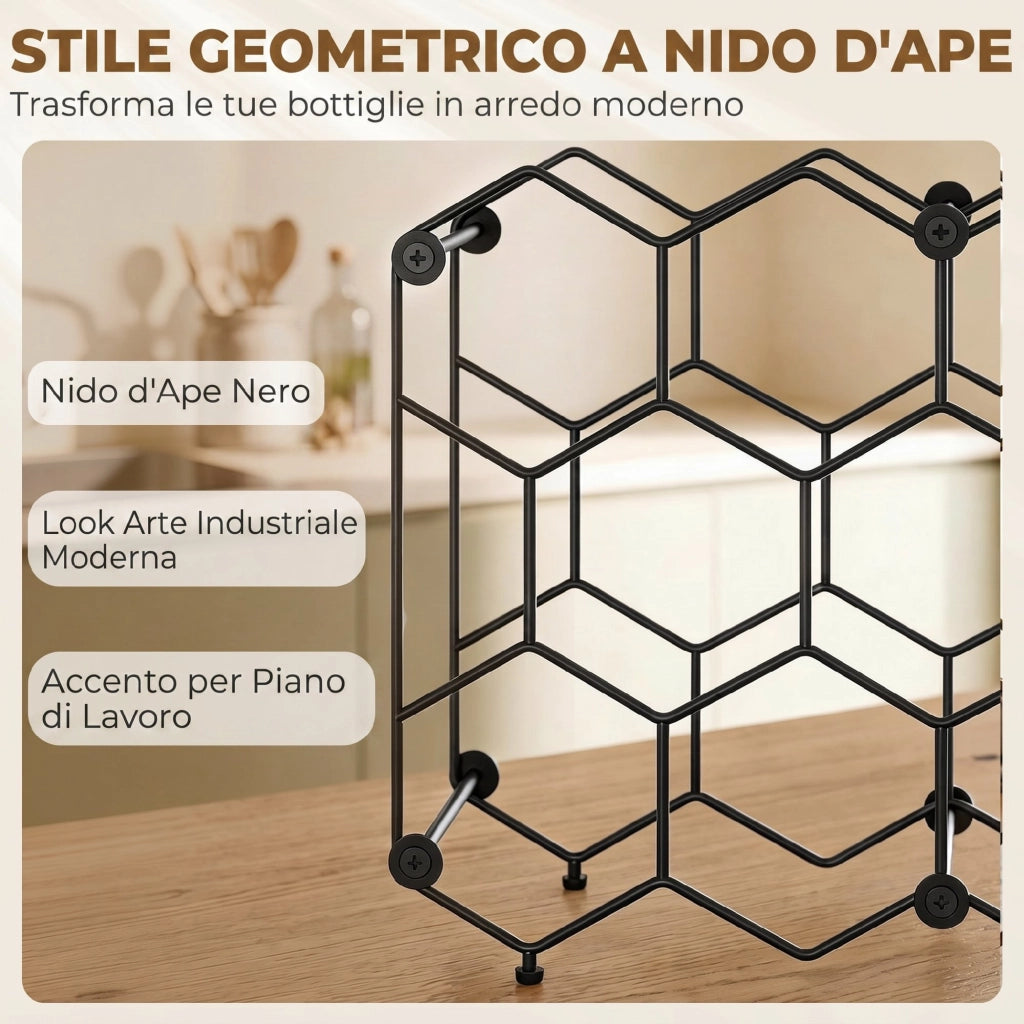 Portabottiglie Design Geometrico a Nido d'Ape, Nero