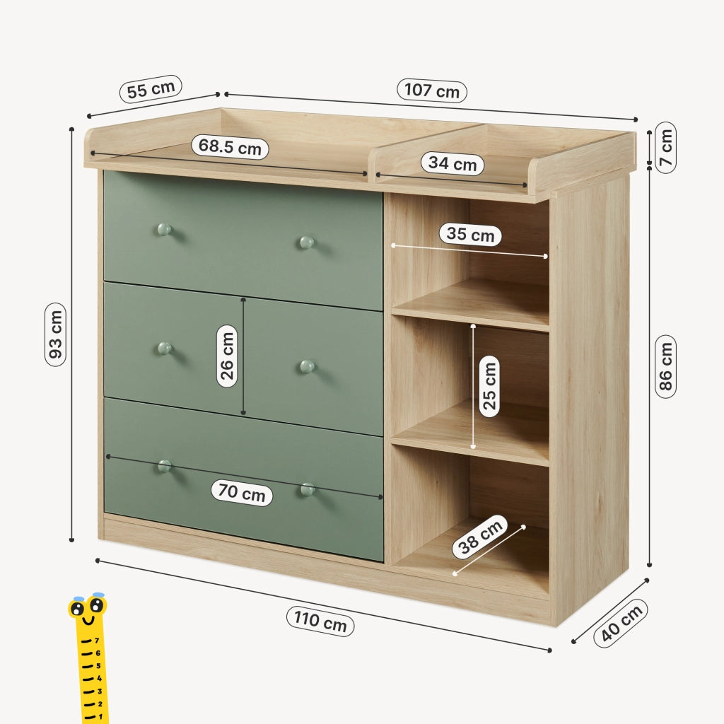 Cassettiera Beldinupp con Piano Fasciatoio Rimovibile 93 x 110 x 55 cm - Effetto Rovere / Verde [en.casa]