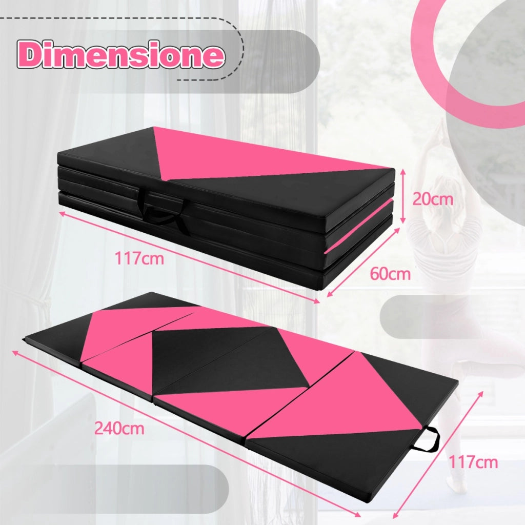 Tappetino ginnastica pieghevole, Tappetino per tumbling in pelle PU con chiusure a strappo 240x117x5cm Rosa-Tappetini ginnastica e yoga