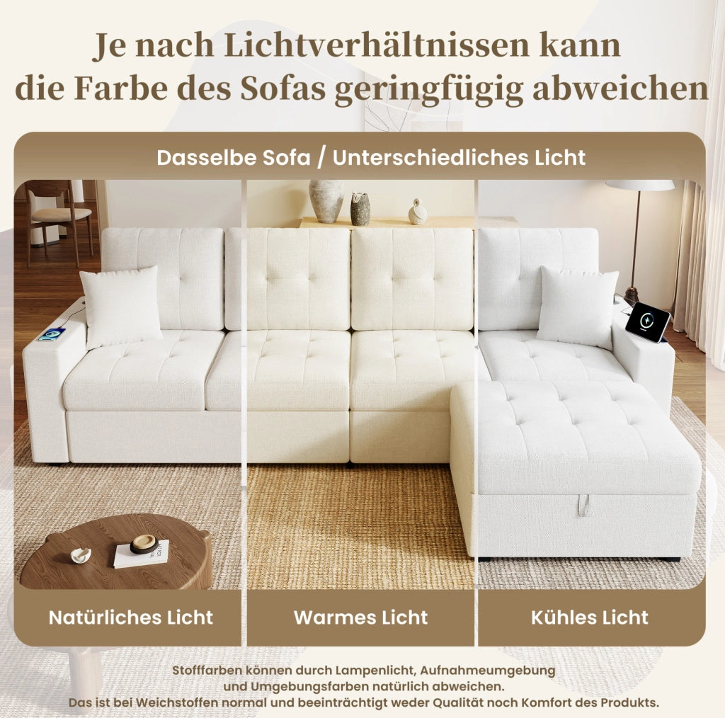 Divano modulare 4 posti beige con pouf contenitore, LED e USB-C