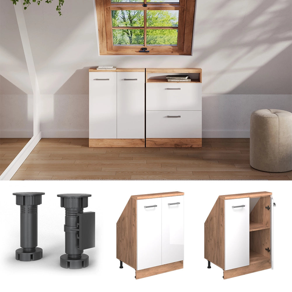 Mobile sottotetto Rion Bianco lucido/Rovere dorato con 2 porte Vicco
