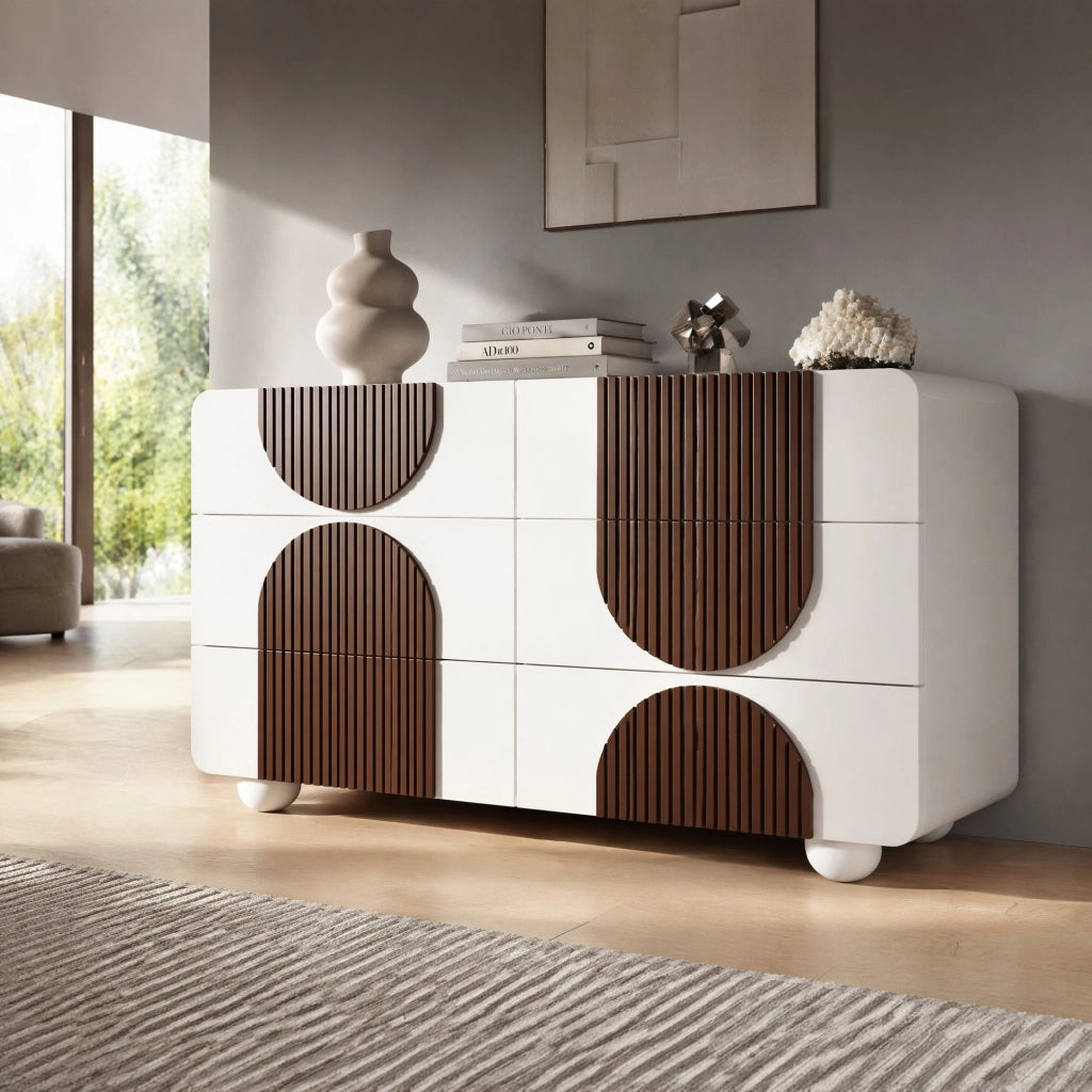Comodino a 6 cassetti in bianco con design curvo, sideboard elegante 121x41x71 cm