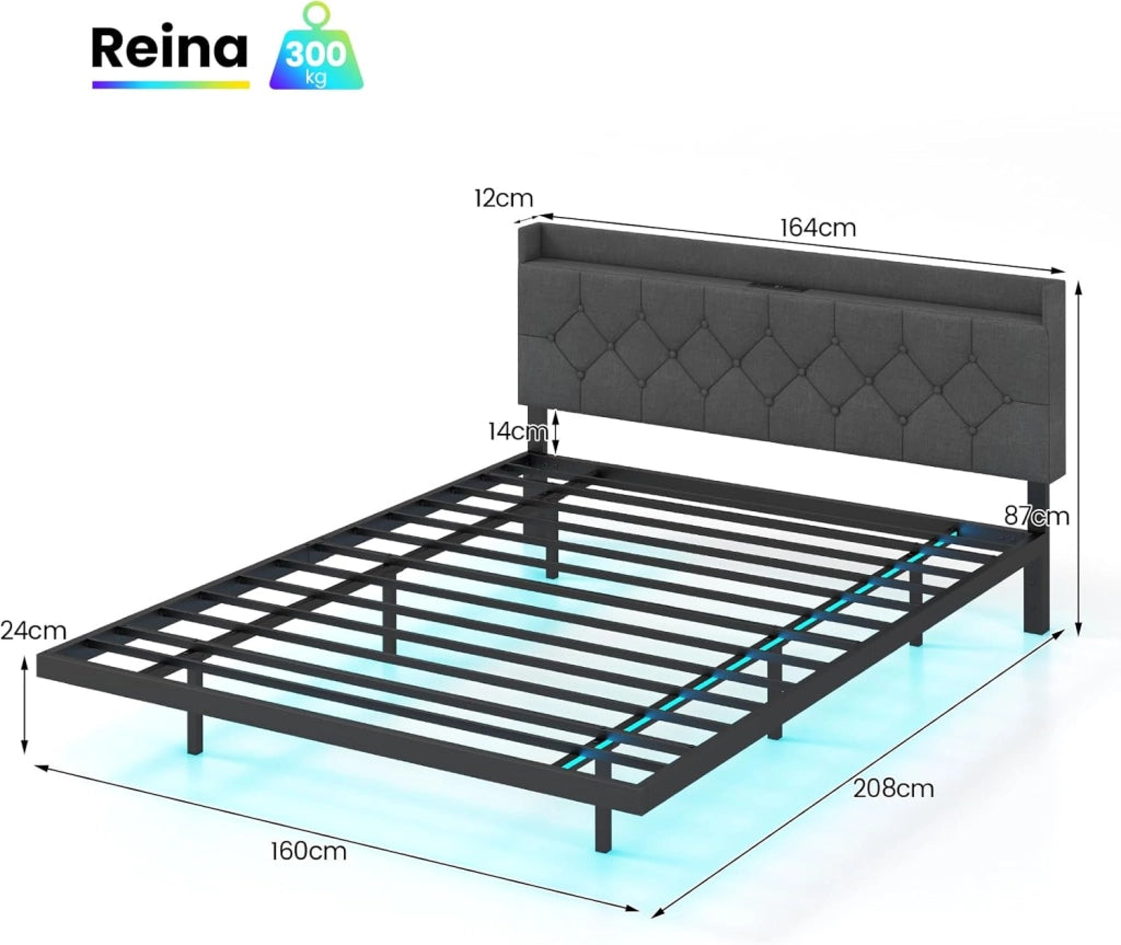 Letto Matrimoniale 160 x 200 cm Testiera con Luci LED ，Struttura Letto a Doghe Carico 300 kg，Letto con Struttura Moderno，Senza Materasso，Nero