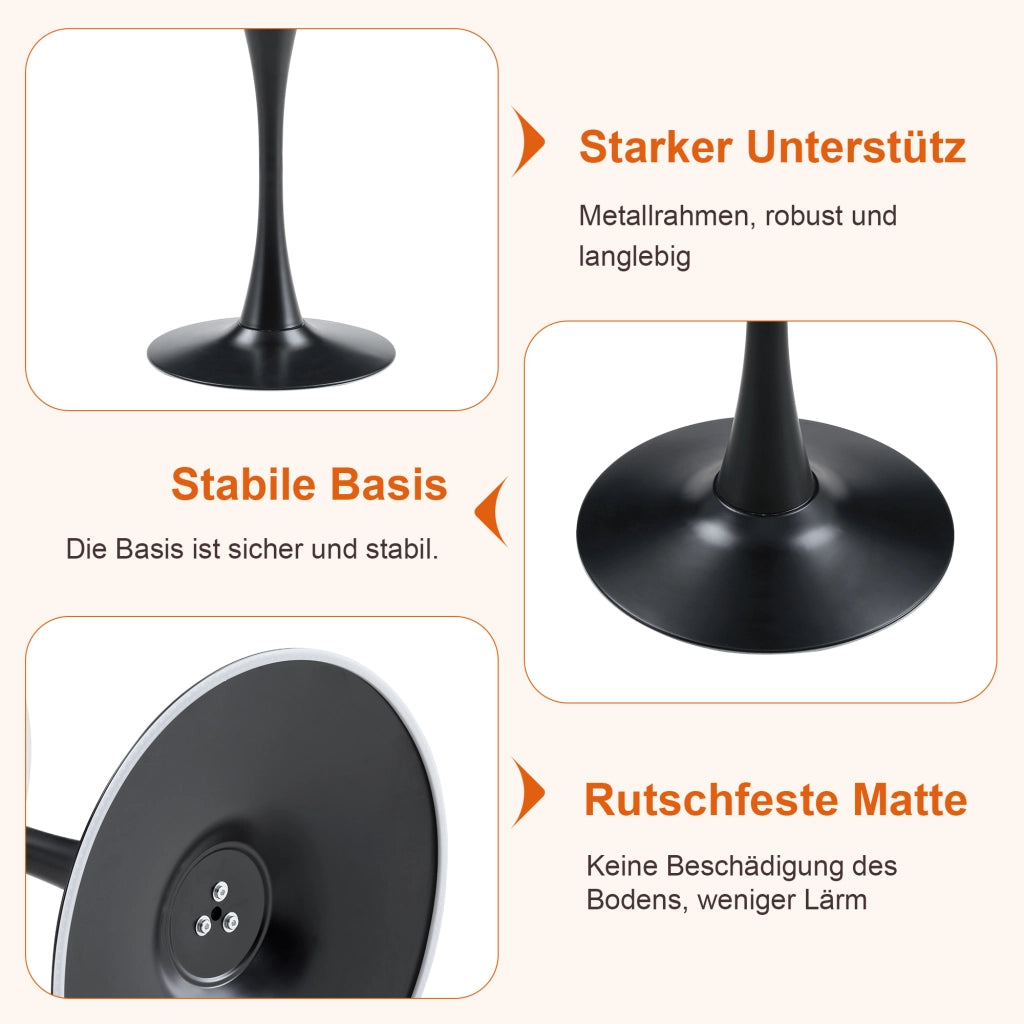 Tavolo da pranzo rotondo con base in metallo, piano effetto noce, stile mid century, per soggiorno, nero, 60 × 72 cm