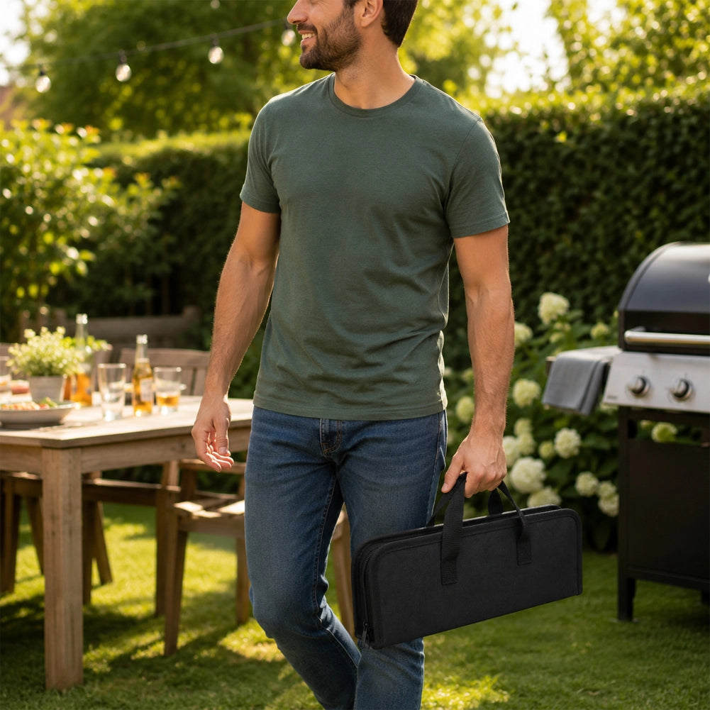 Set 4 Pezzi Accessori per Barbecue Valigetta Pieghevole con Manico in Legno