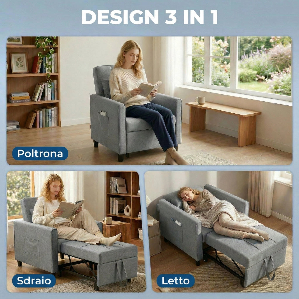 Divano Letto Pieghevole con Schienale Regolabile ¨C zephmum ¨C Grigio