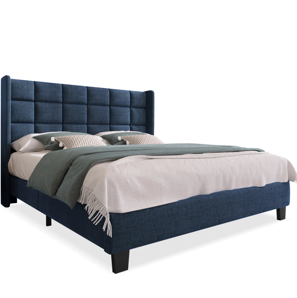 Letto matrimoniale imbottito 140x200 cm in lino blu con testiera alta e rete a doghe