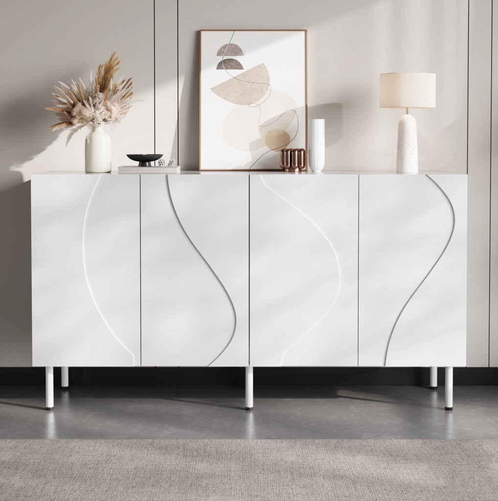 Credenza bassa 140x40x77，5 cm in PB e MDF bianca con ante 3D