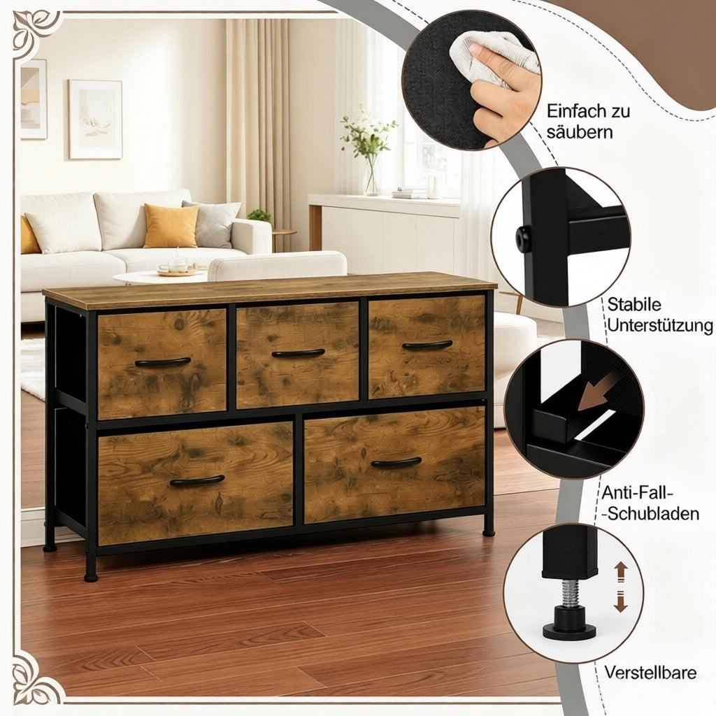 Comò con 5 cassetti in tessuto, struttura in metallo e MDF, stile vintage, per ingresso e soggiorno, 100 × 30 × 54 cm