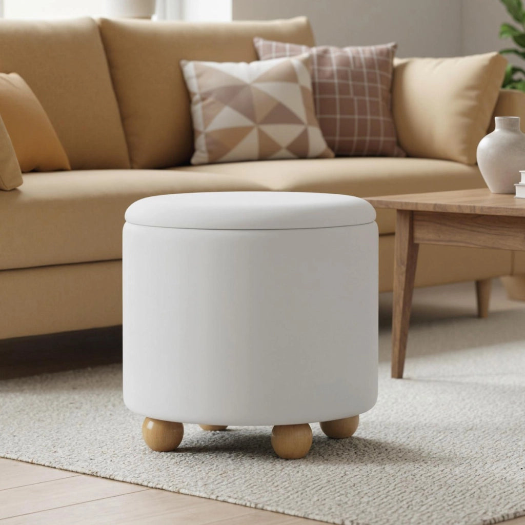 Pouf contenitore rotondo sgabello tessuto ciniglia coperchio rimovibile, Pouf contenitore spazio nascosto 35l Bianco