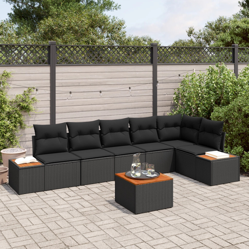 Set di Divano da Giardino 7 Pezzi con Cuscini Neri in Polyrattan e Acacia