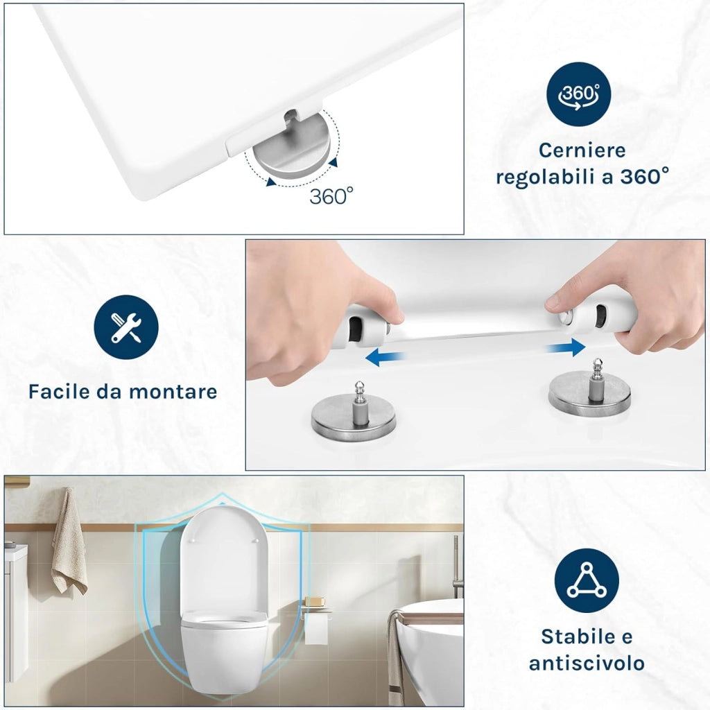 Copriwater Sedile WC Coperchio con Chiusura Ammortizzata Soft Close Toilet Seat Bagno in Plastica Bianco Forma di D