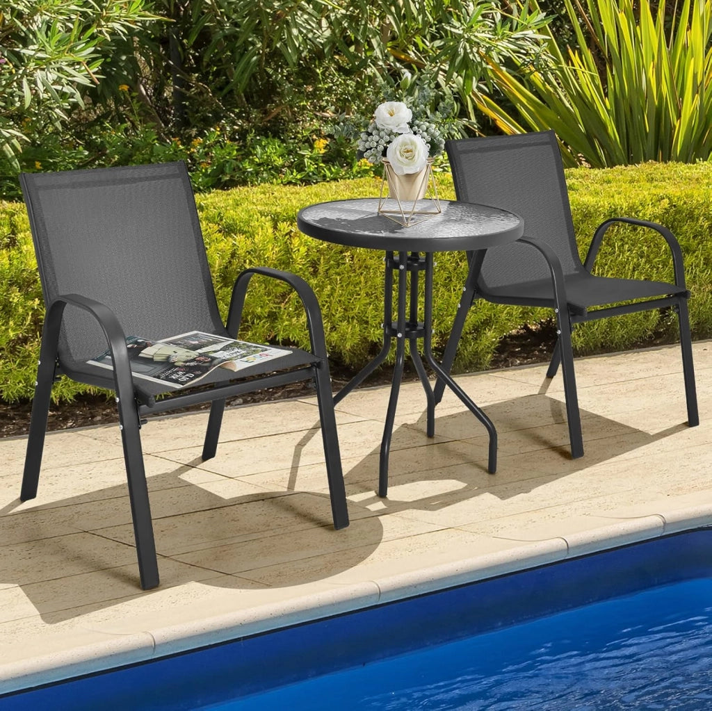 Set di 2 Sedie da Giardino con Tavolo in Vetro, Schienale Alto e Seduta Larga, Telaio in Acciaio Verniciato a Polvere, Tessuto Textilene Traspirante, per Balcone e Esterno (Nero)