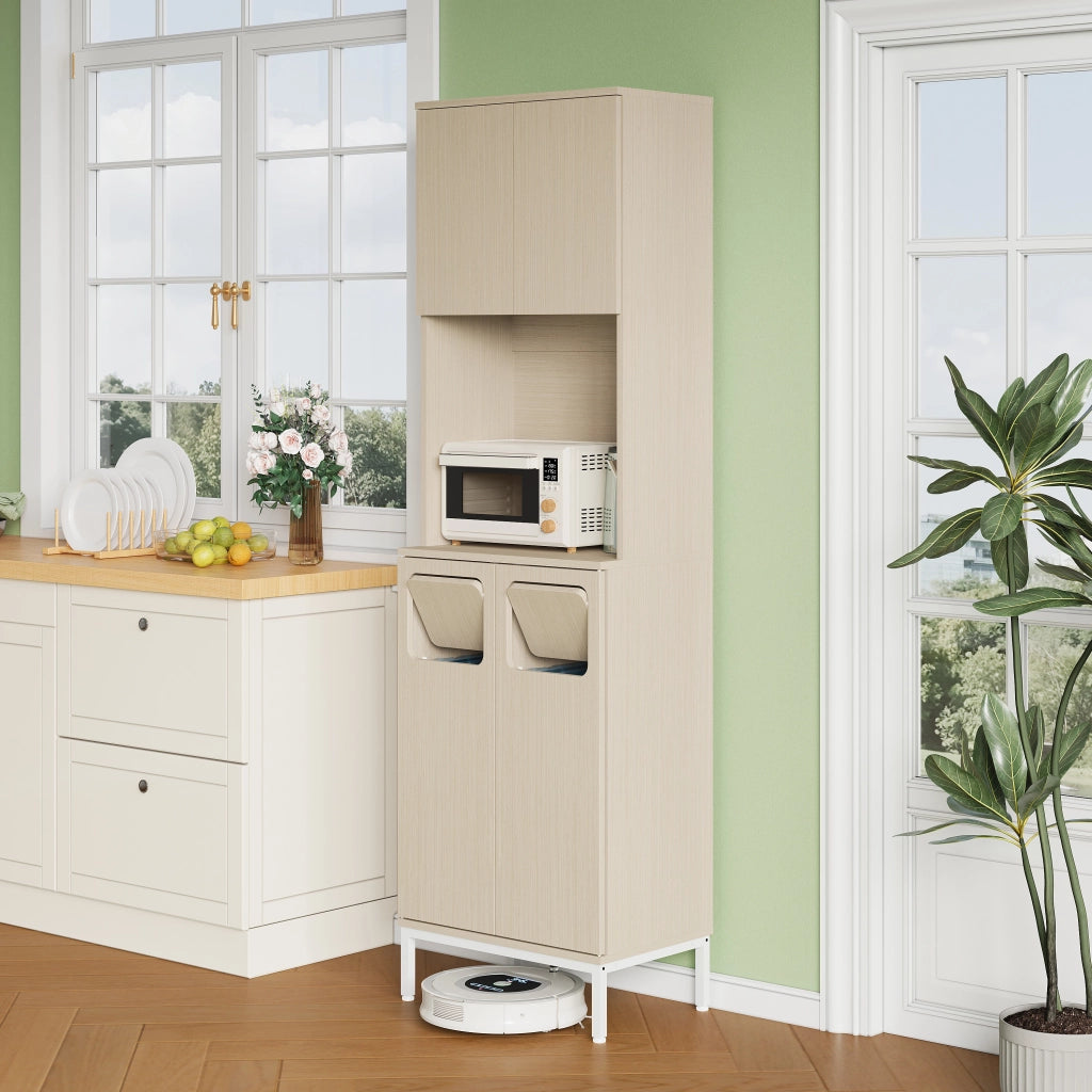 Dispensa alta con vano rifiuti e vano microonde, ripiani regolabili per cucina, in MDF bianco e legno, 53 × 35 × 181 cm