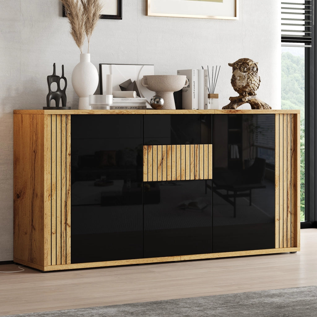 Credenza con 3 ante e 6 vani, push-to-open - per soggiorno - in MDF e truciolare - nero e legno