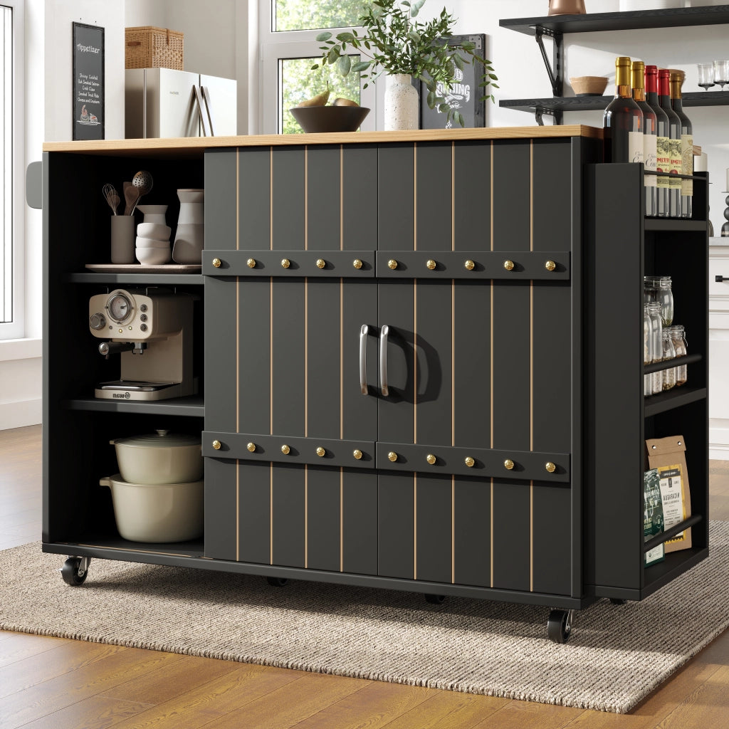 Carrello da Cucina con 3 Cassetti; 2 Ante Scorrevoli; Ripiani Regolabili; Portasciugamani e Ruote; in MDF; Nero; 110 x 42 x 90 cm