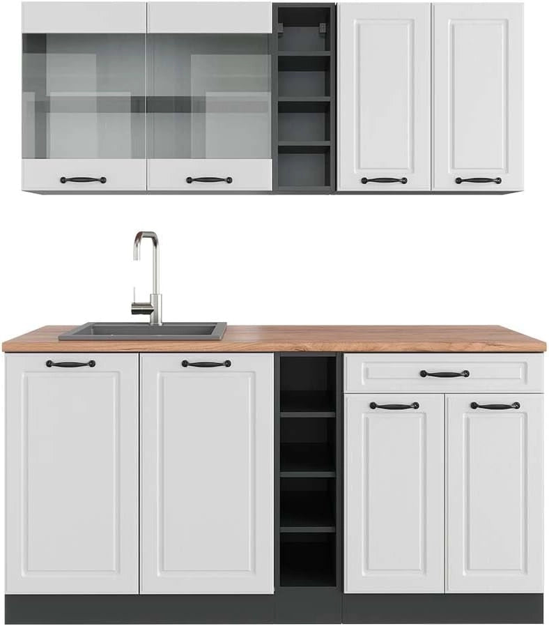 Cucina completa R-Line, Bianco casa di campagna/antracite, 160 cm, PL Rovere, adatto per l'espansione individuale con moduli aggiuntivi