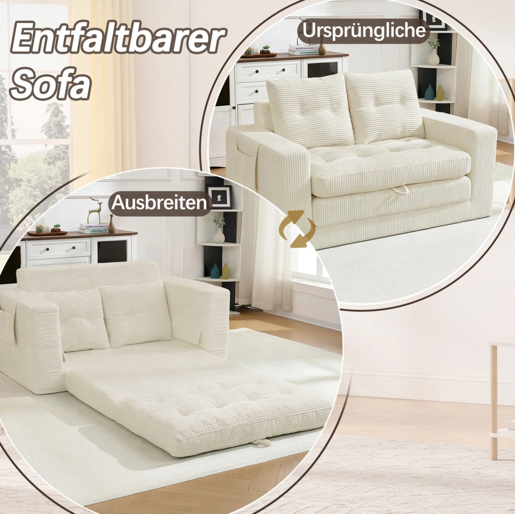 Divano letto estraibile in velluto a coste beige con tasche laterali e portabicchiere